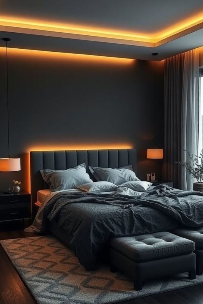 Graphite soft layered cozy bedroom