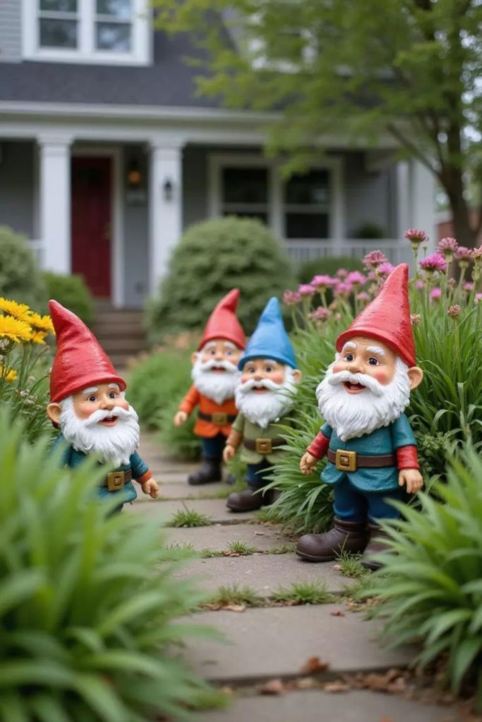 Painted ceramic gnomes in flowerbeds