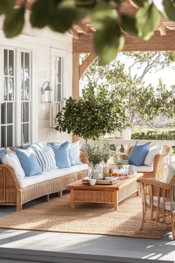 Coastal drift deck with wicker seating