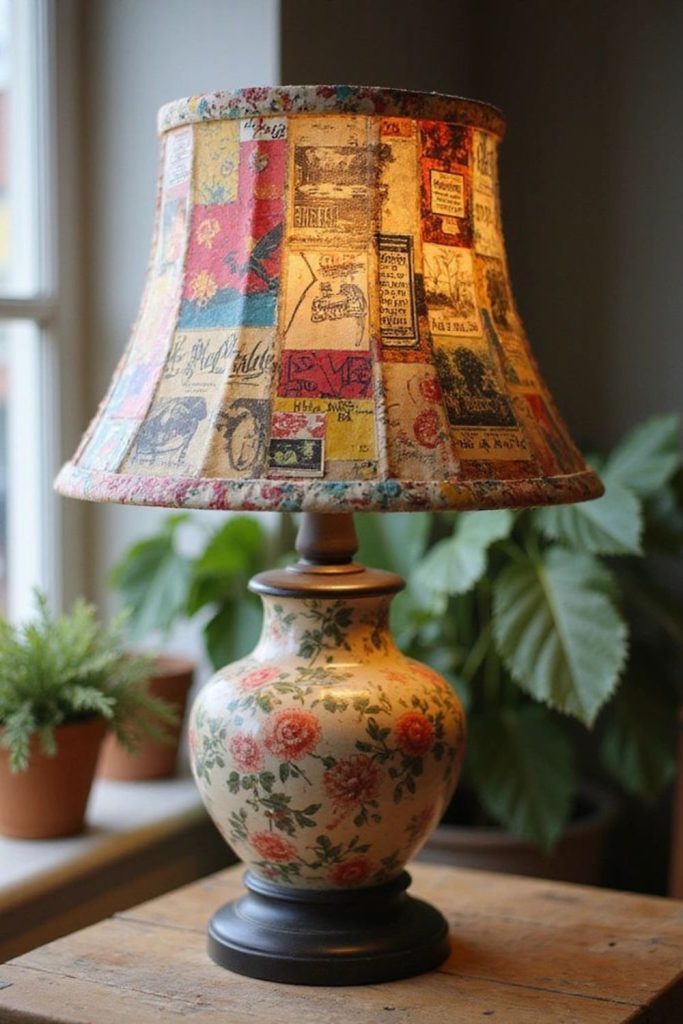 Lampshade covered in layered magazine clippings