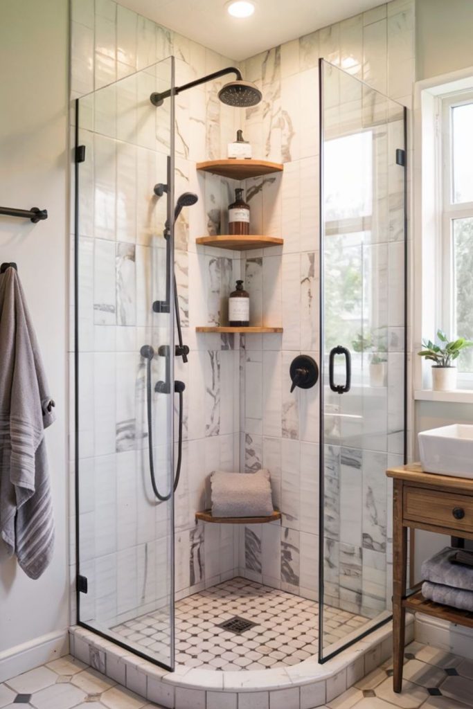 Spa-inspired corner shower enclosure.