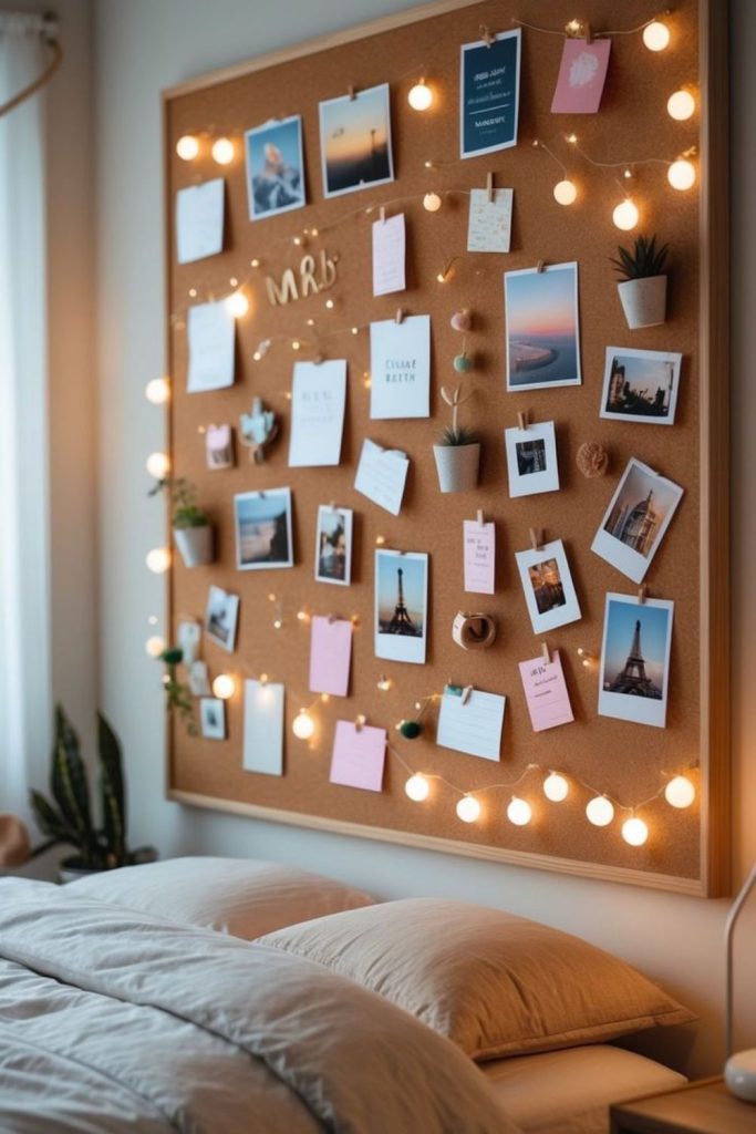 Corkboard with notes and random trinkets