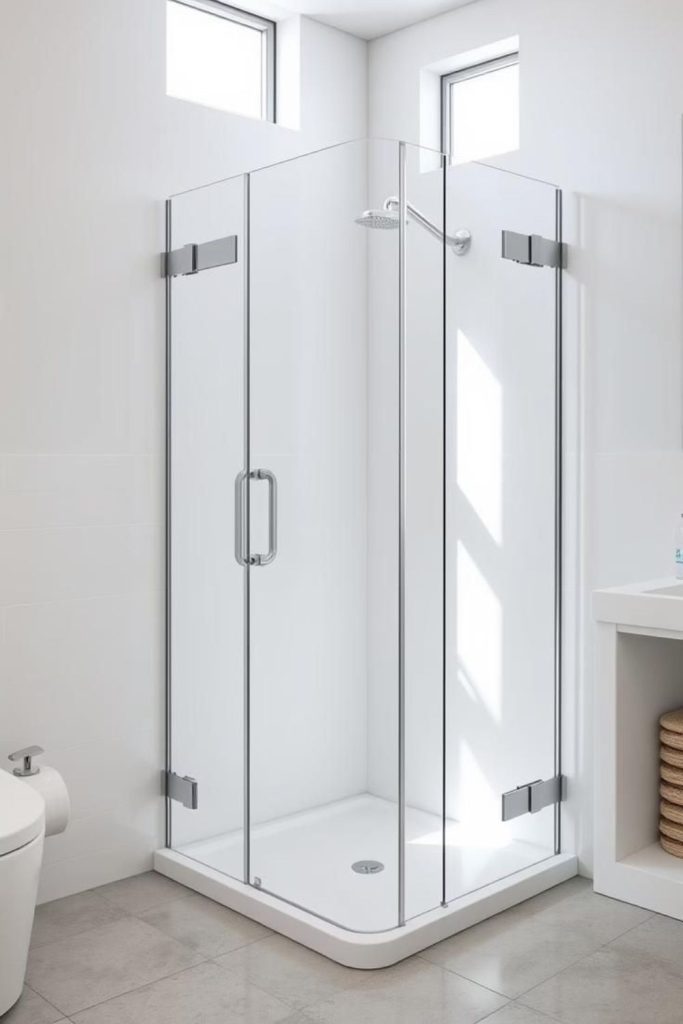 Illuminated glass corner shower with warmth.