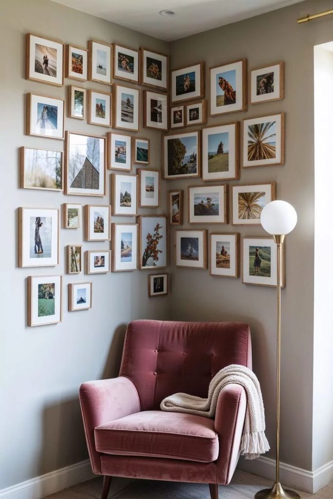 Corner wrap around continuous picture frame wall.