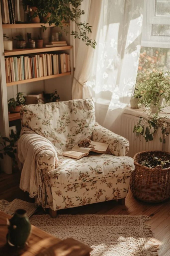 Cozy cottagecore corner with textiles.