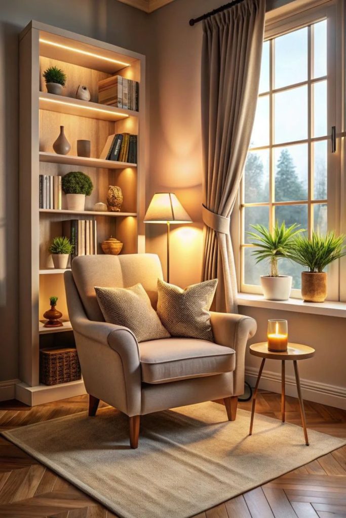 Cozy reading nook with chair.