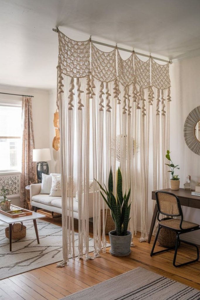 Sheer curtain room divider setup.