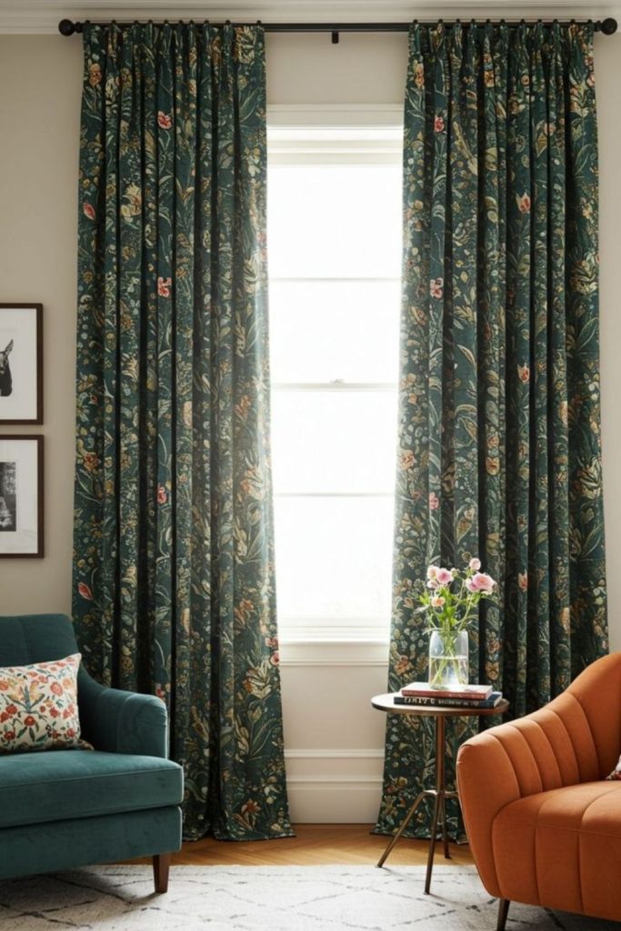 Patterned curtains transforming window and room.