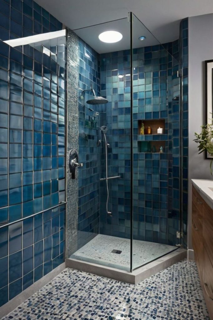 Curved mosaic tile corner shower.