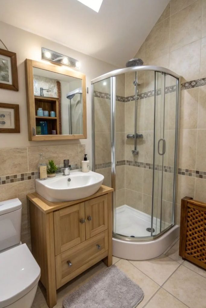 Rounded glass corner shower enclosure.