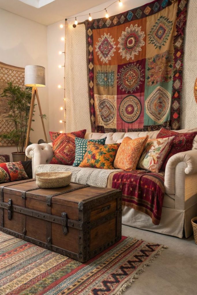Colorful mismatched cushions layered creatively