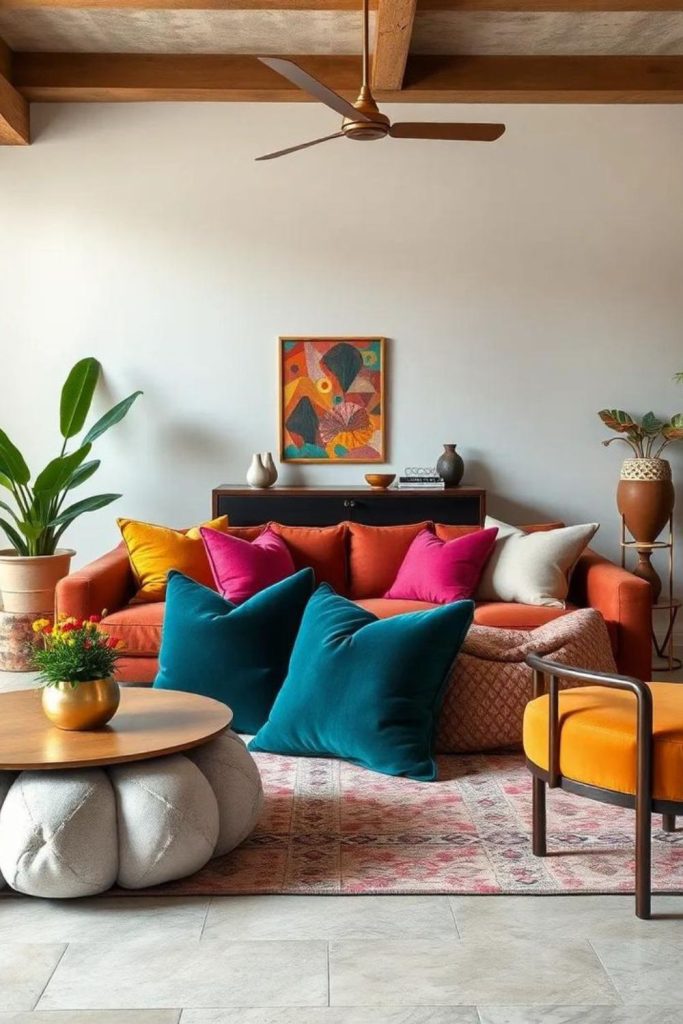 Vibrant cushions creating lively seating zones.