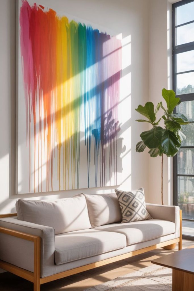 Handmade canvases creating playful wall energy.