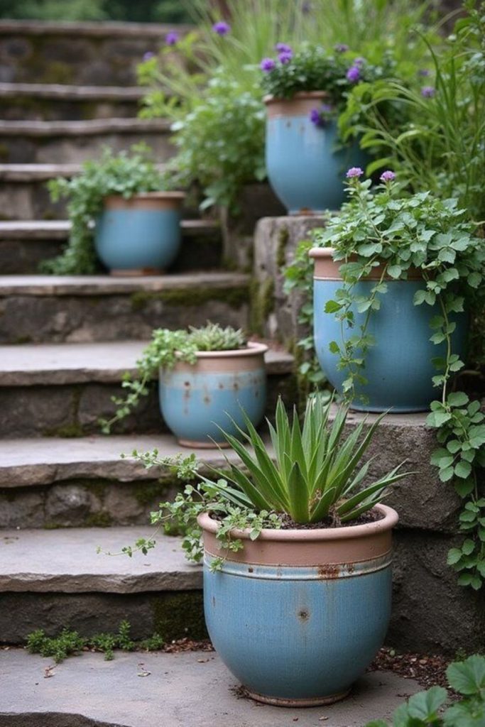 Cracked ceramic pots with greenery