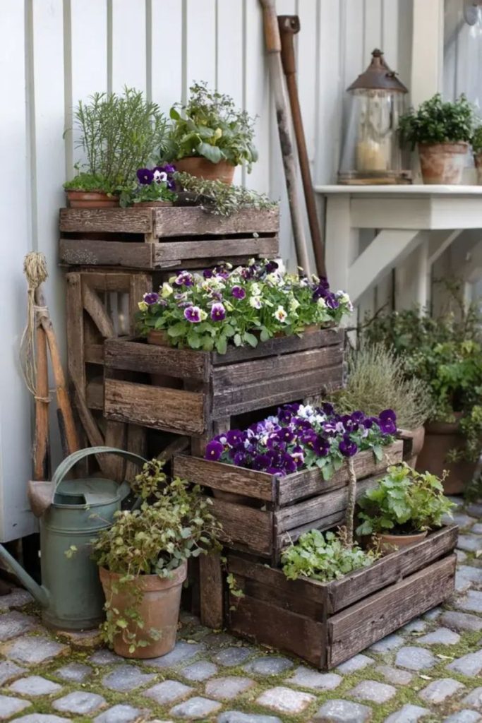 Wooden crates holding flowers and plants