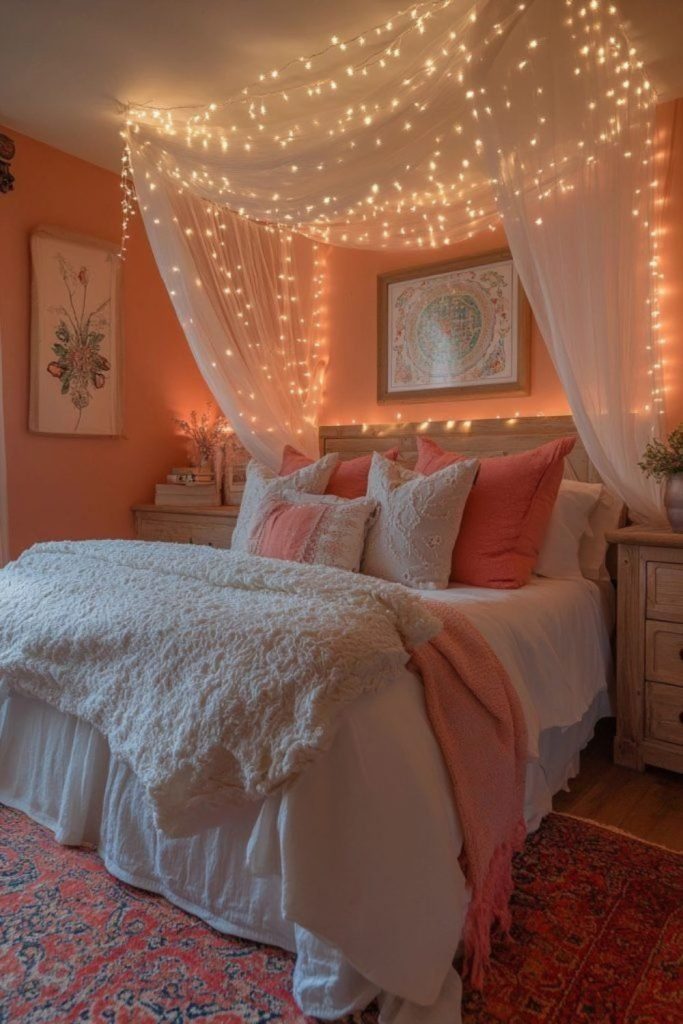 Mesh net draped above bed decoratively