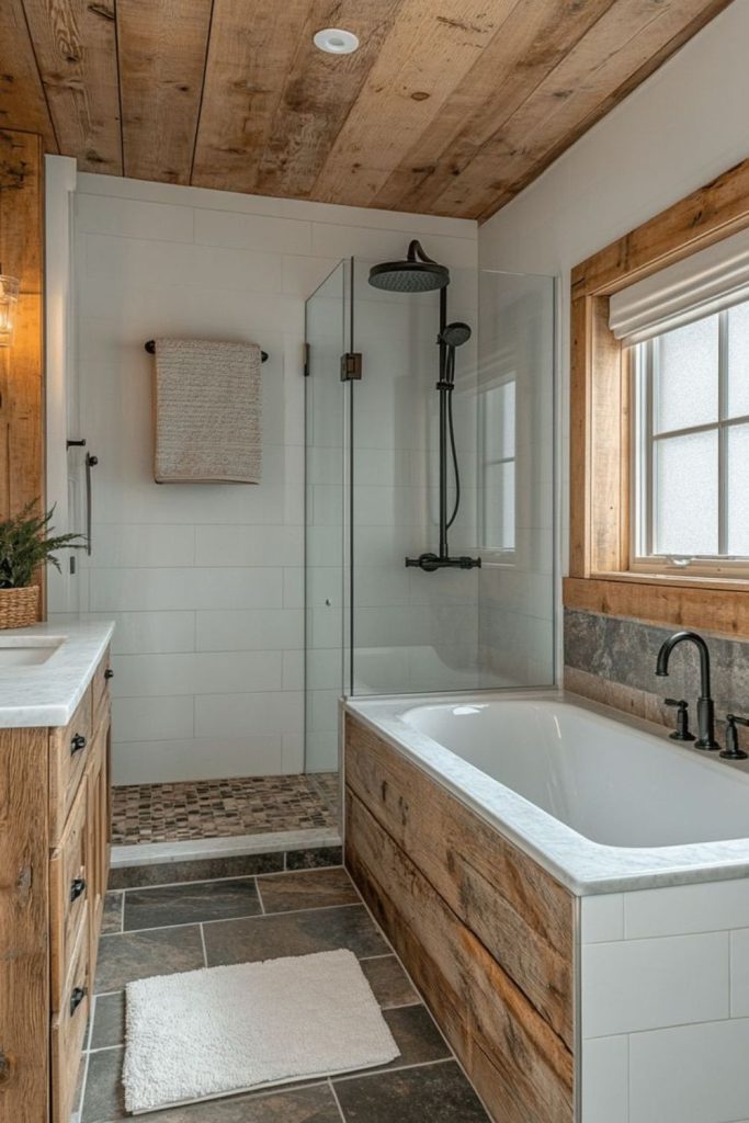 Rustic wood accent bath nook