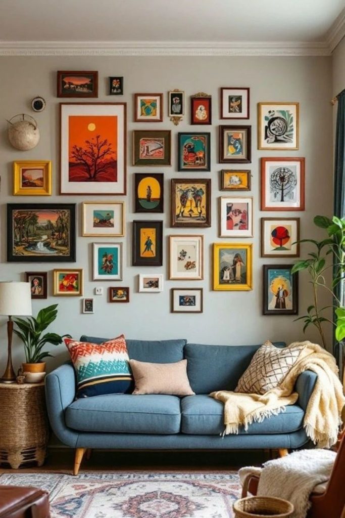 Eclectic mixed frame fusion gallery wall.