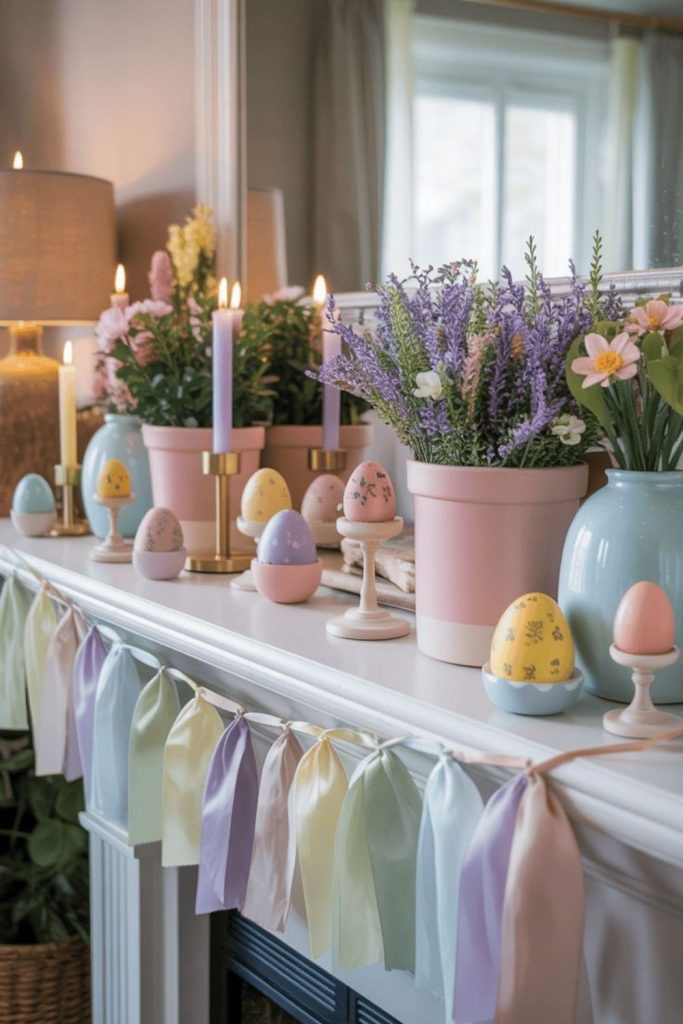 Cracked pastel eggs with birds