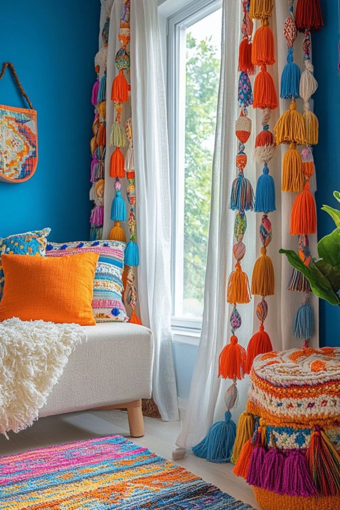 Colorful tassels hanging irregularly over window