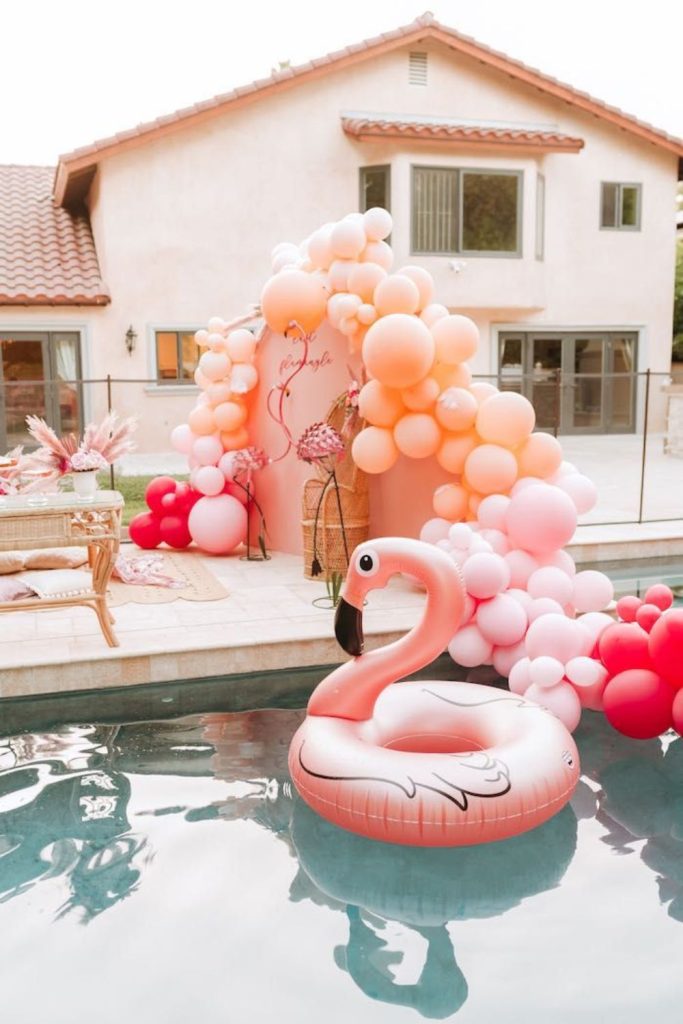 Flamingo poolside tropical baby party.