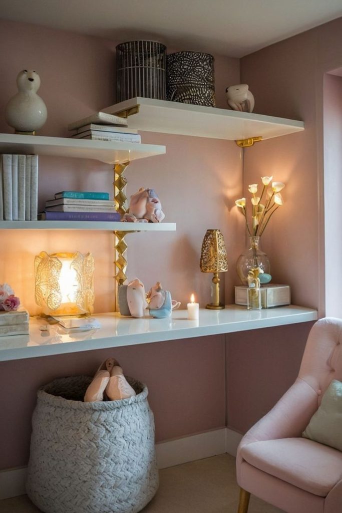 Books arranged on uneven floating shelves