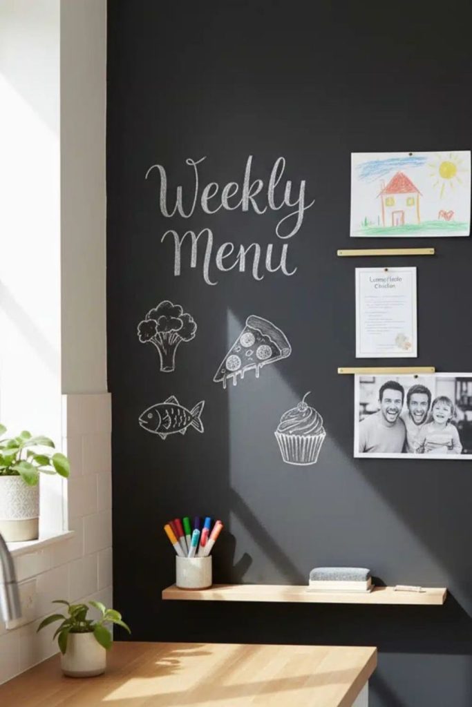 Floating shelf with chalk menu writing