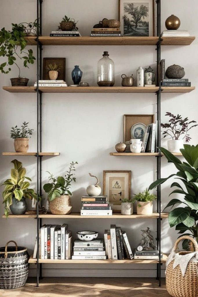 Wall-mounted shelves displaying layered trinkets.