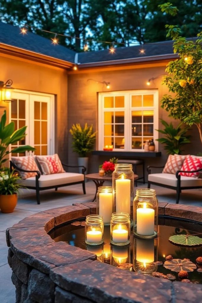 Floating lantern courtyard with gentle glow