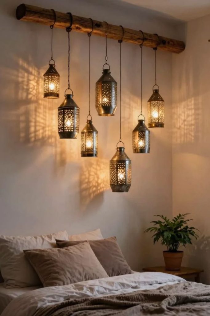 Suspended lanterns casting soft glow