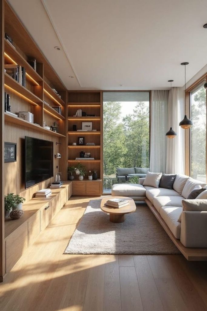 Floating linear islands dispersed seating zones