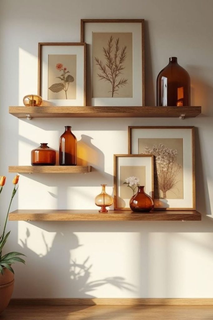 Floating wooden shelves with simple decor.