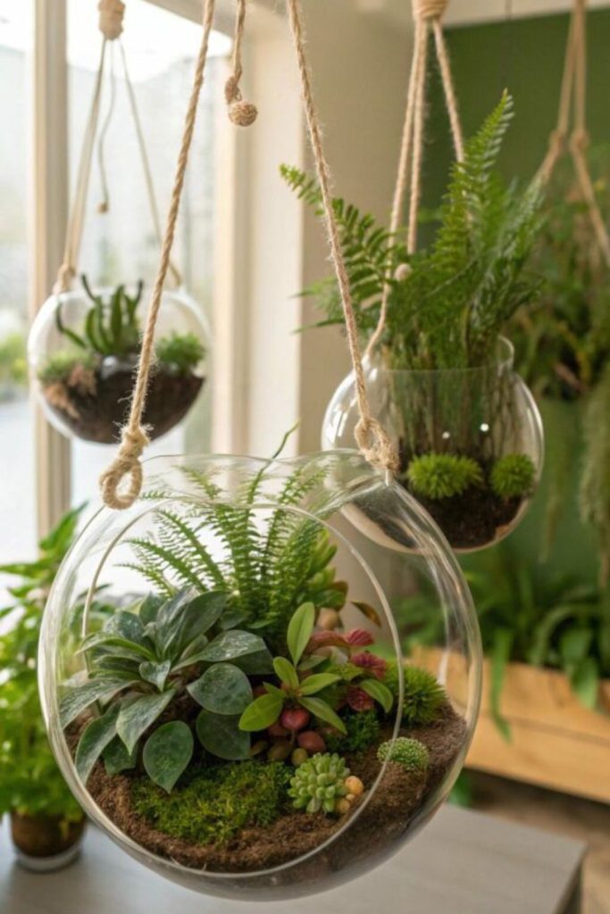 Hanging terrariums create green display
