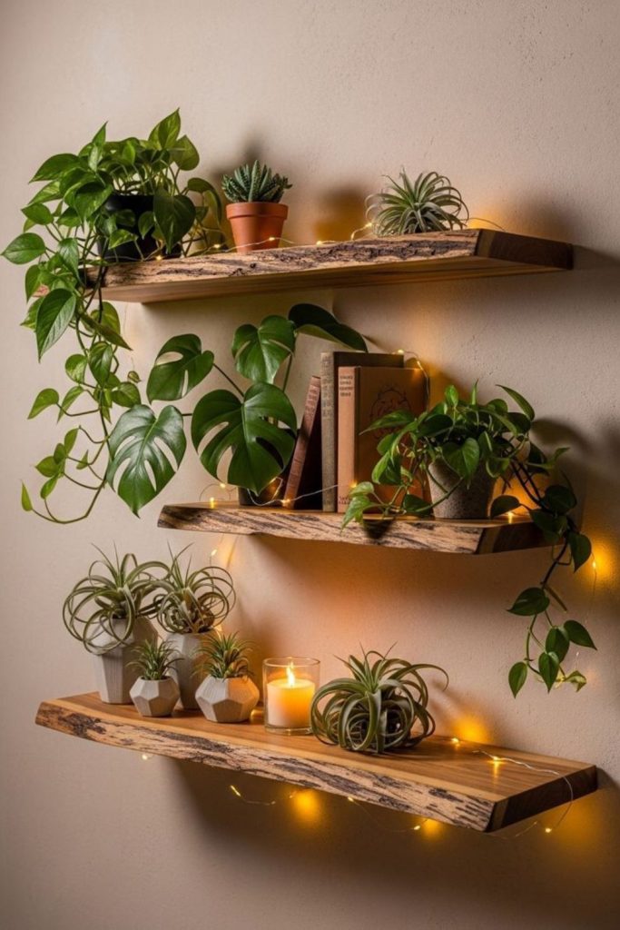 Small plants on staggered wall shelves