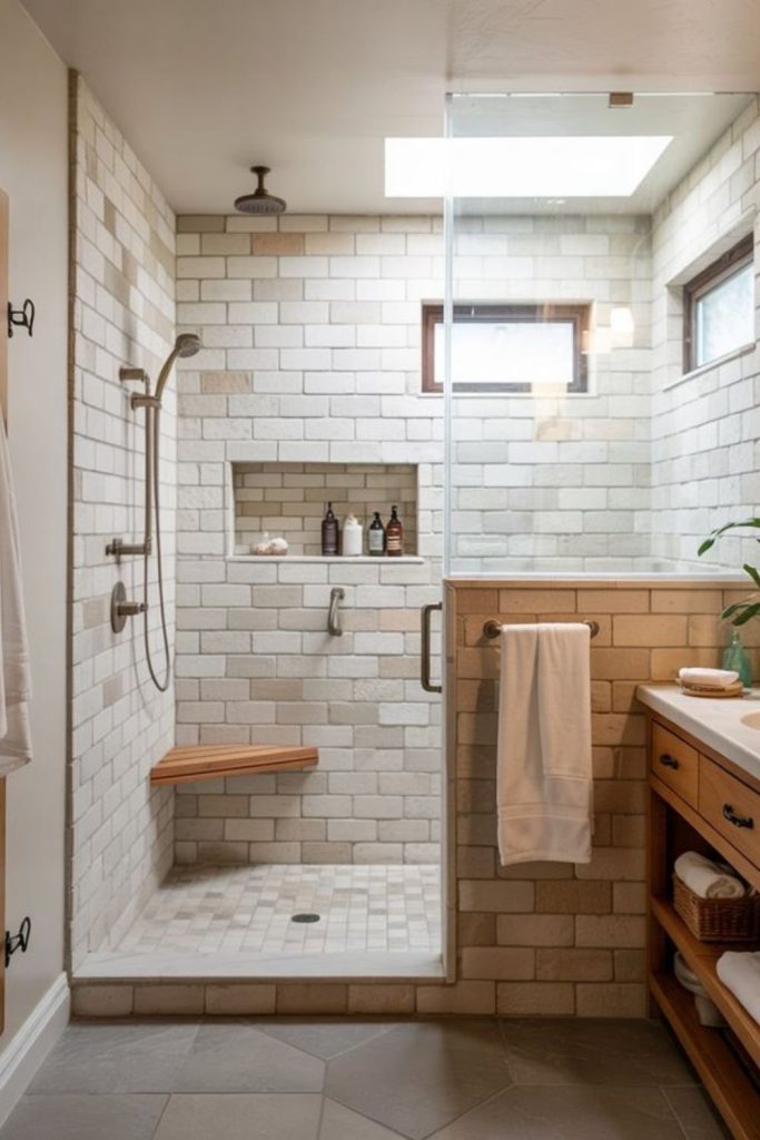 Corner shower with floating storage shelves.
