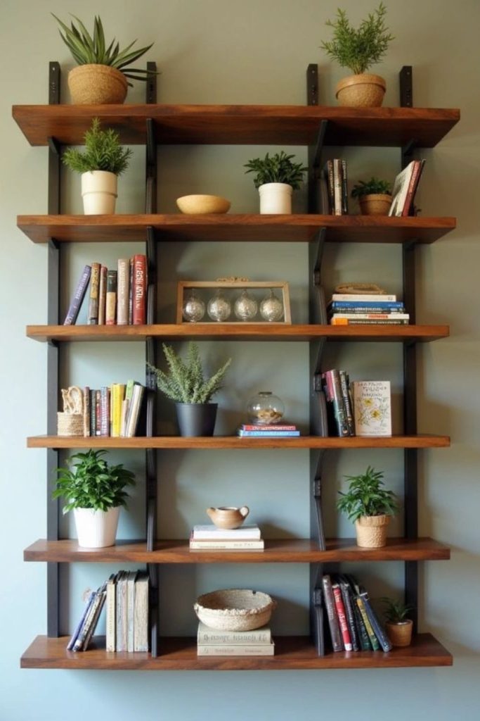 Uneven shelves display decorative objects