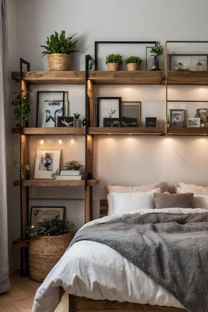 Crooked shelves displaying decorative items