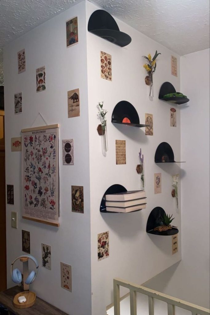 Shelf displaying vinyl records at angles