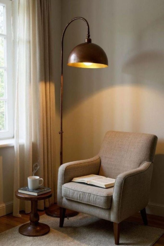 Sculptural floor lamp reading corner.