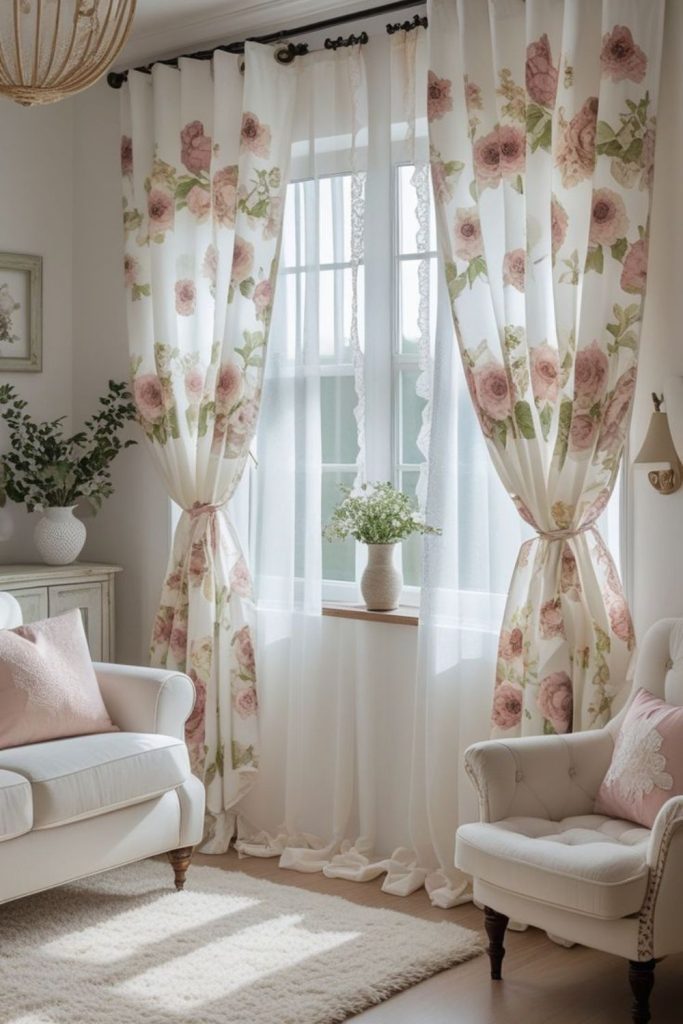 Floral curtains softly filtering light.