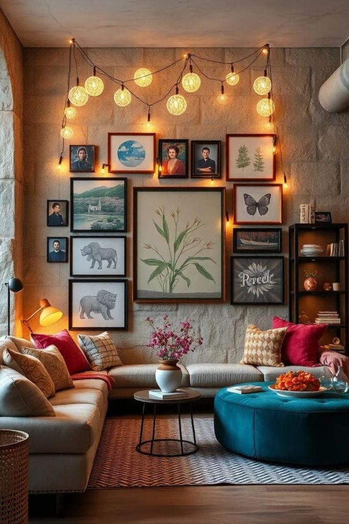 Eclectic framed art adding visual interest.