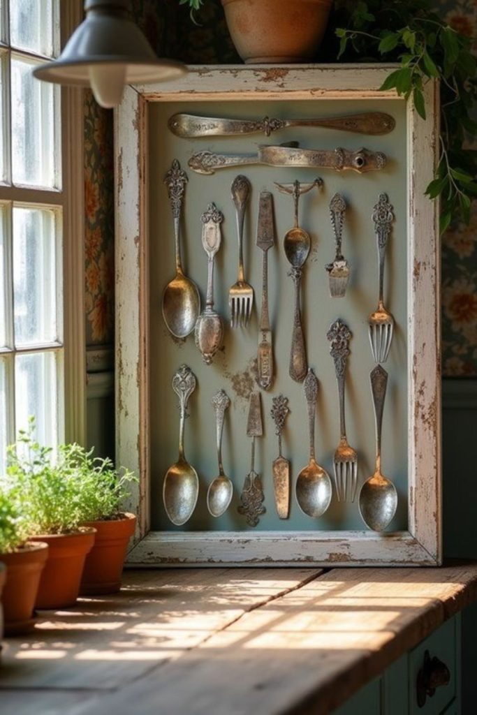 Shadowbox framed antique kitchen tools