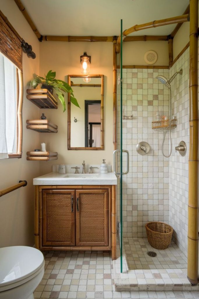 Bamboo panel frosted glass shower.