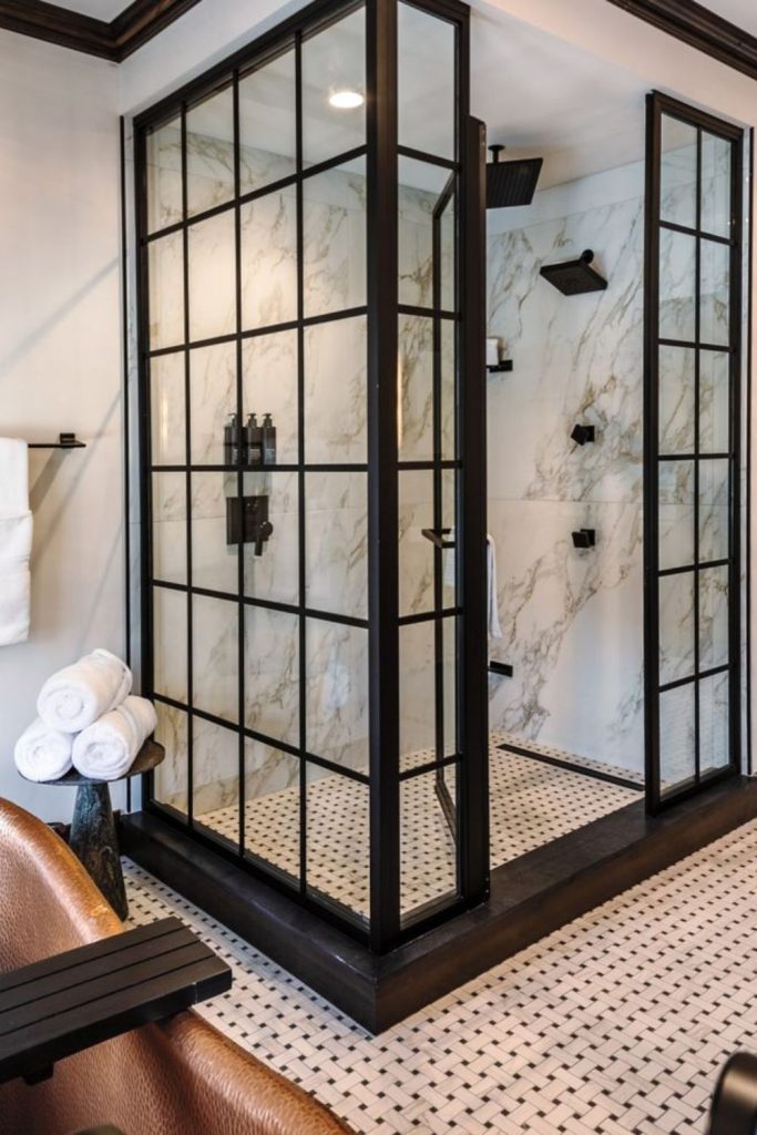 Frosted glass grid corner shower.