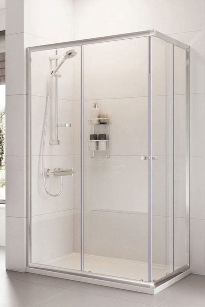 Frosted glass privacy corner shower.
