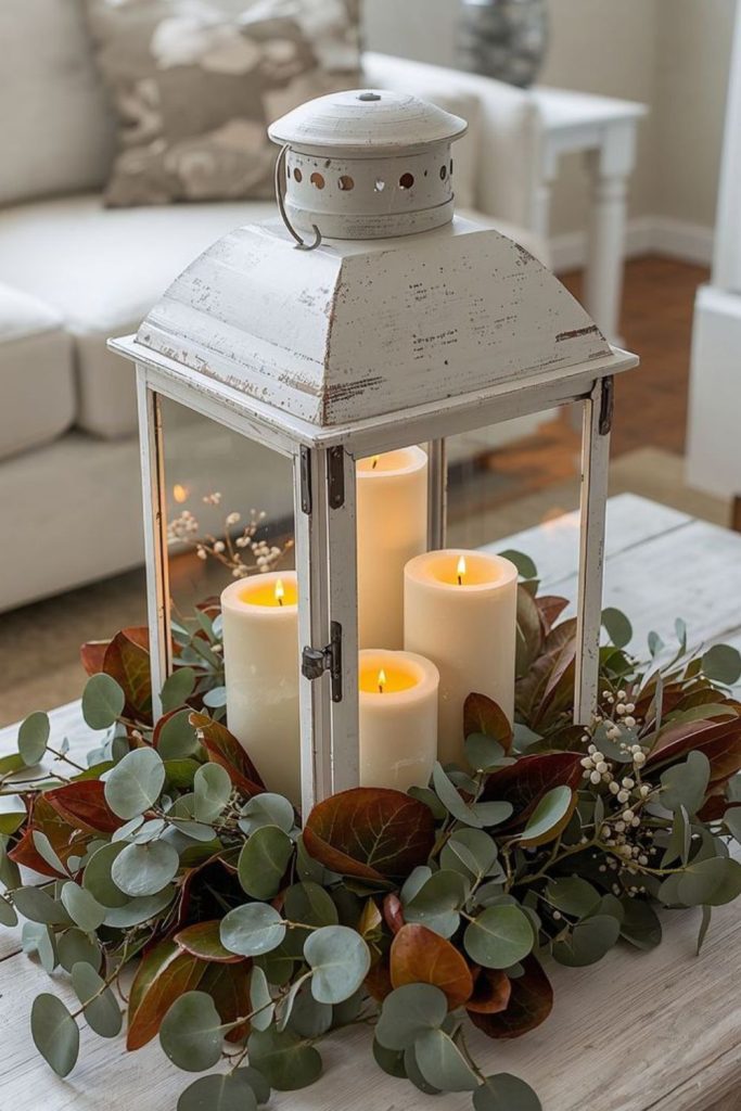 Lantern centerpiece with floral touch.