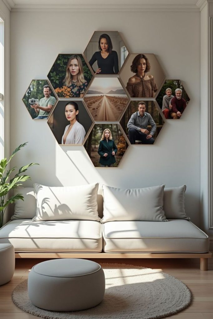 Geometric hexagon frame patterned photo wall.
