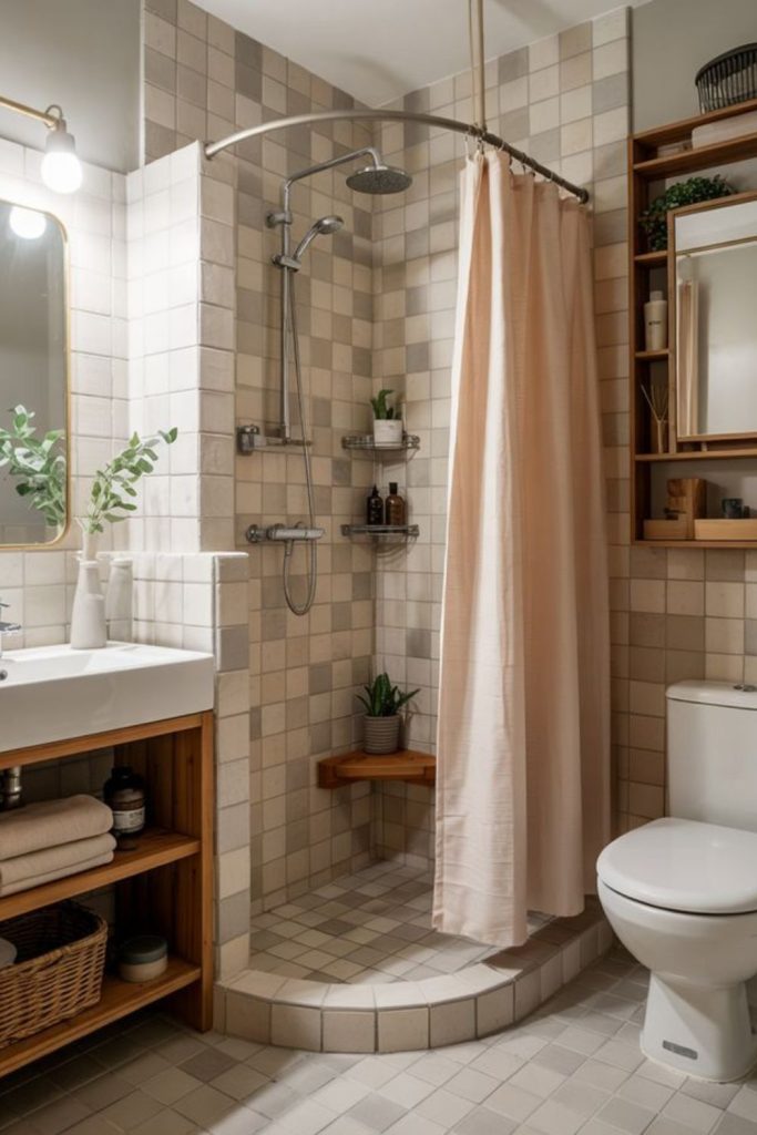 Hexagonal tiles corner shower pattern.