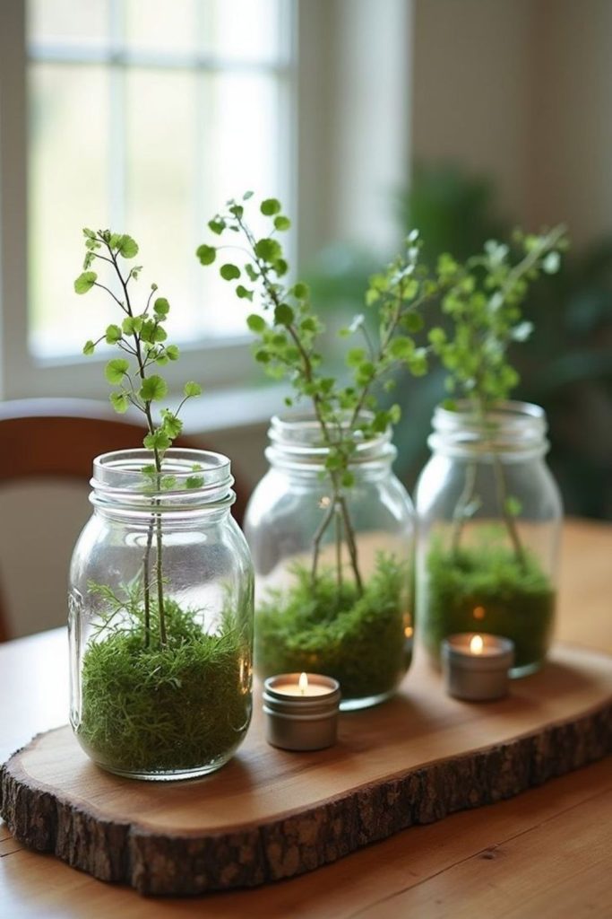 Glass jars displaying fresh herbs.