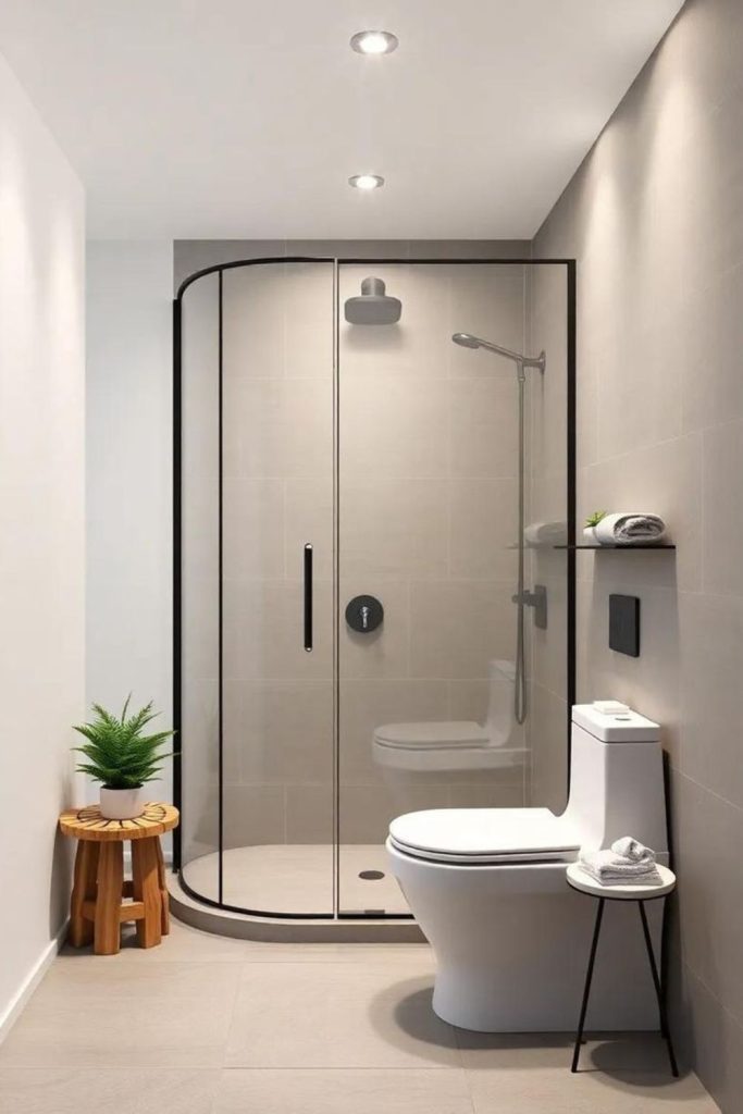 Lantern-style illuminated glass corner shower.